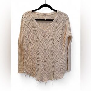 Free People Boho Frayed Cream V-Neck Cable Knit Sweater- Size XS